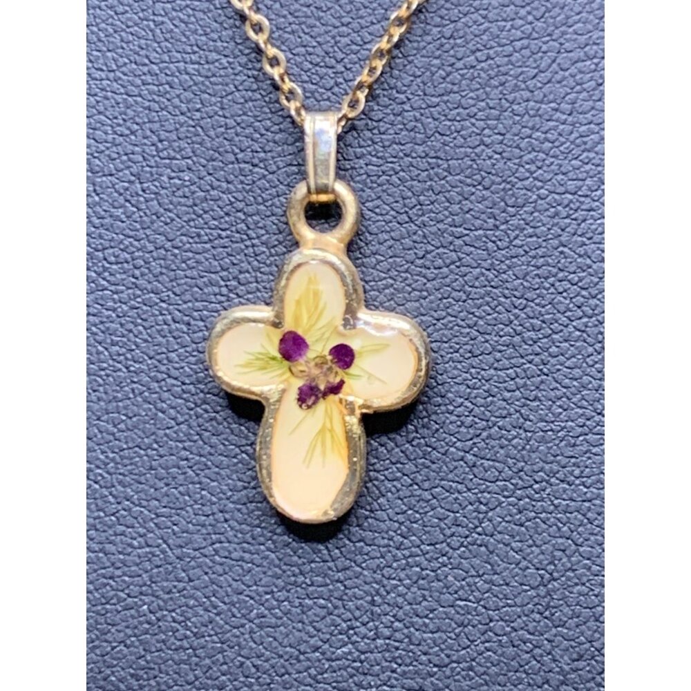 Gold Cross Pendant Necklace With Dried Purple Flowers & 18" Chain